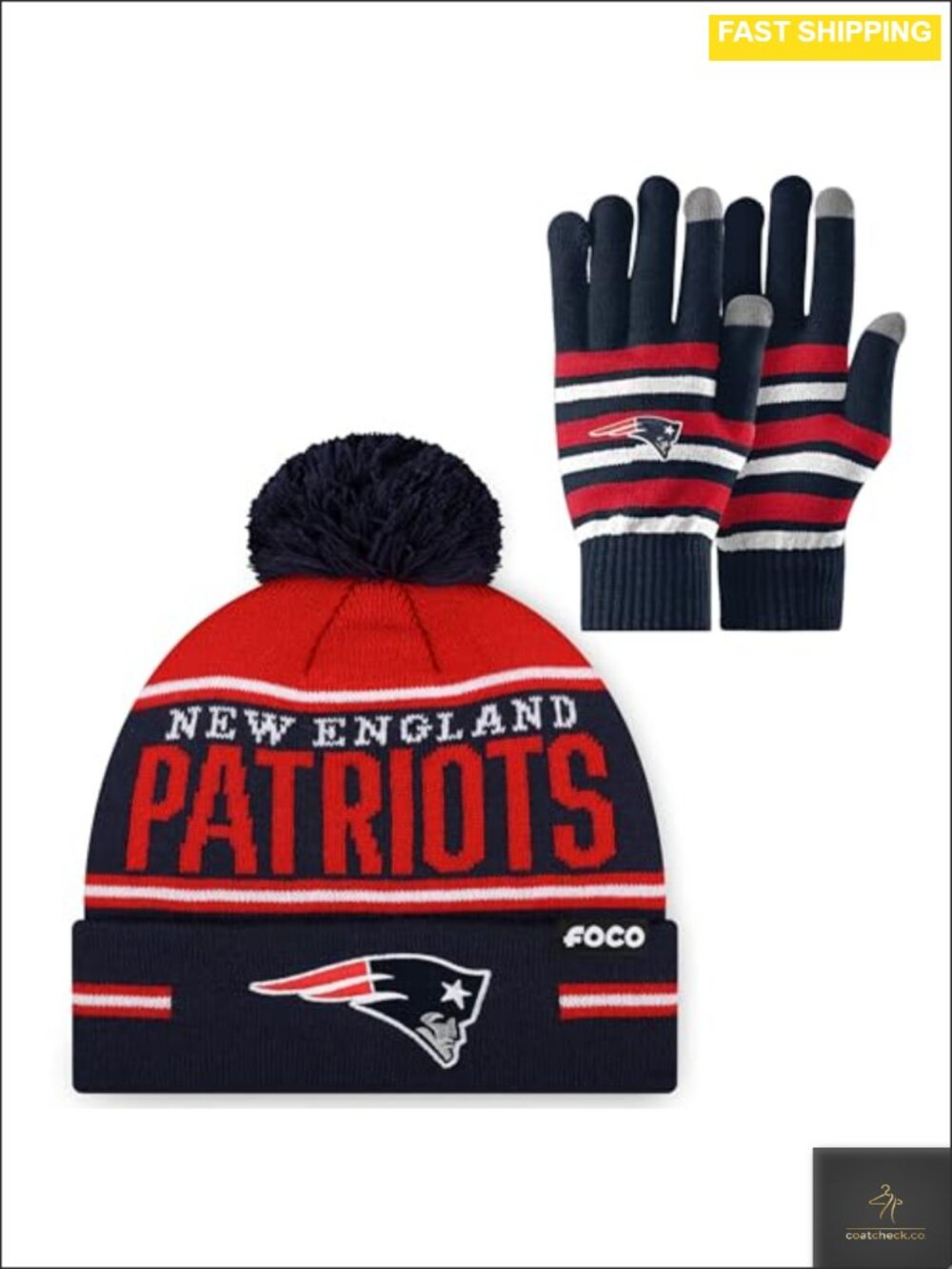 NFL Team Logo Stretch Gloves & Pom Knit Beanie Hat Set One Size Fits All